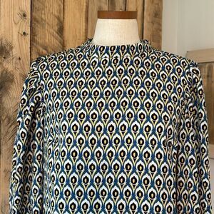 Cupcakes and Cashmere Peacock Feather High Neck Balloon‎ Sleeve Blouse Size M